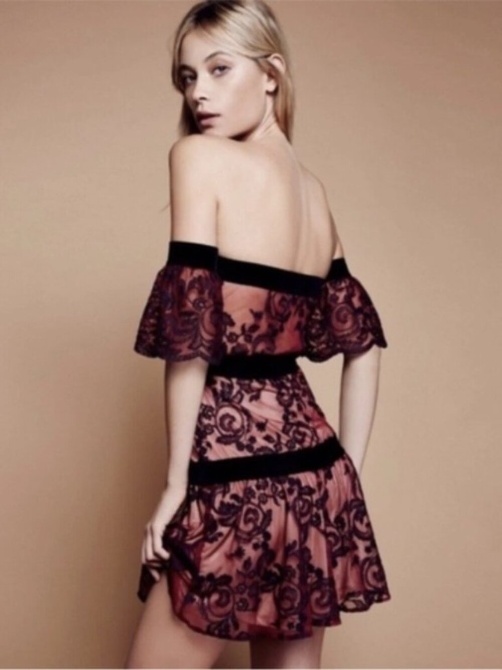 Free People X For Love & Lemons Clemence Dress off shoulder Black Lace redvelvet